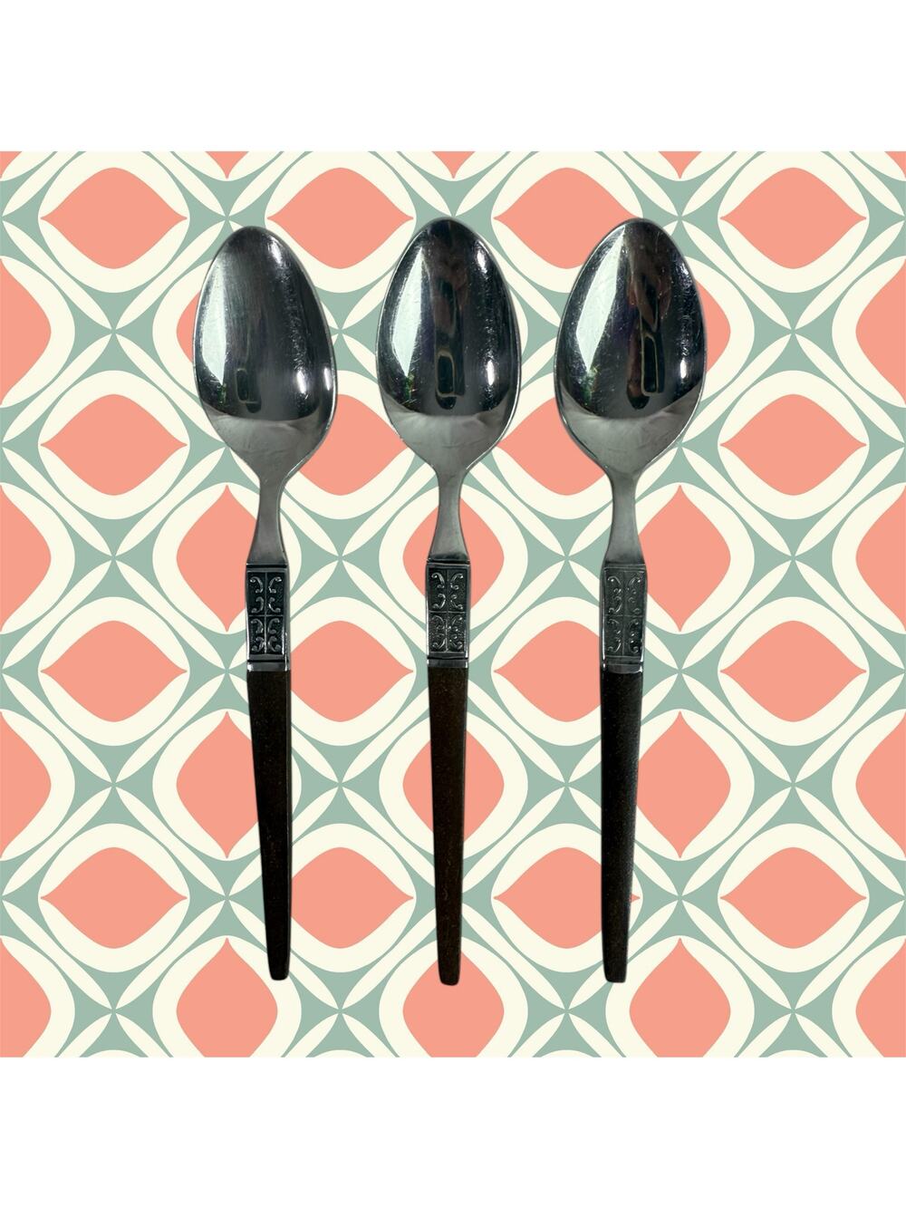 Ekco Eterna La Joya VTG Set 3 Tea Spoons Stainless Steel Faux Wood Flatware